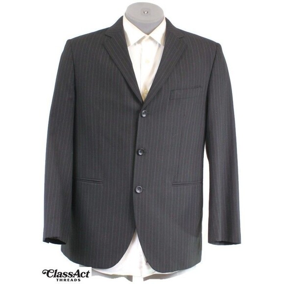 J. Ferrar Black Mens Modern Fit 2 Piece Suit 3 Btn Black Striped 40R 34" Waist - Picture 3 of 10